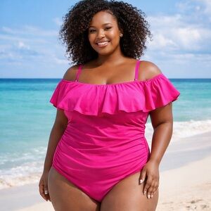 La Blanca Pink Ruffle One Piece Swimsuit Removable Straps and Cups NWT Size 22W